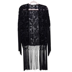 Black Velvet Floral Burnout Kimono Shawl Duster Fringe S Whimsigoth Festival